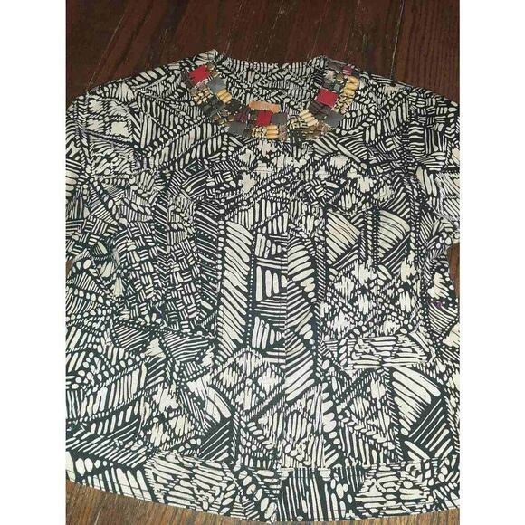 10P Petite Ruby Rd Denim Tribal Print Tan Black Jacket Heavy Shirt Beaded Collar - Picture 2 of 4